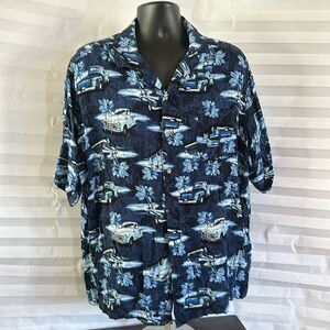 Puritan Men’s 2XL Button Up Shirt – Hawaiian Print – Cars & Palm Trees – Blue